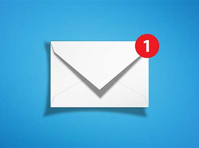 Envelope on a blue background, with notification symbol
