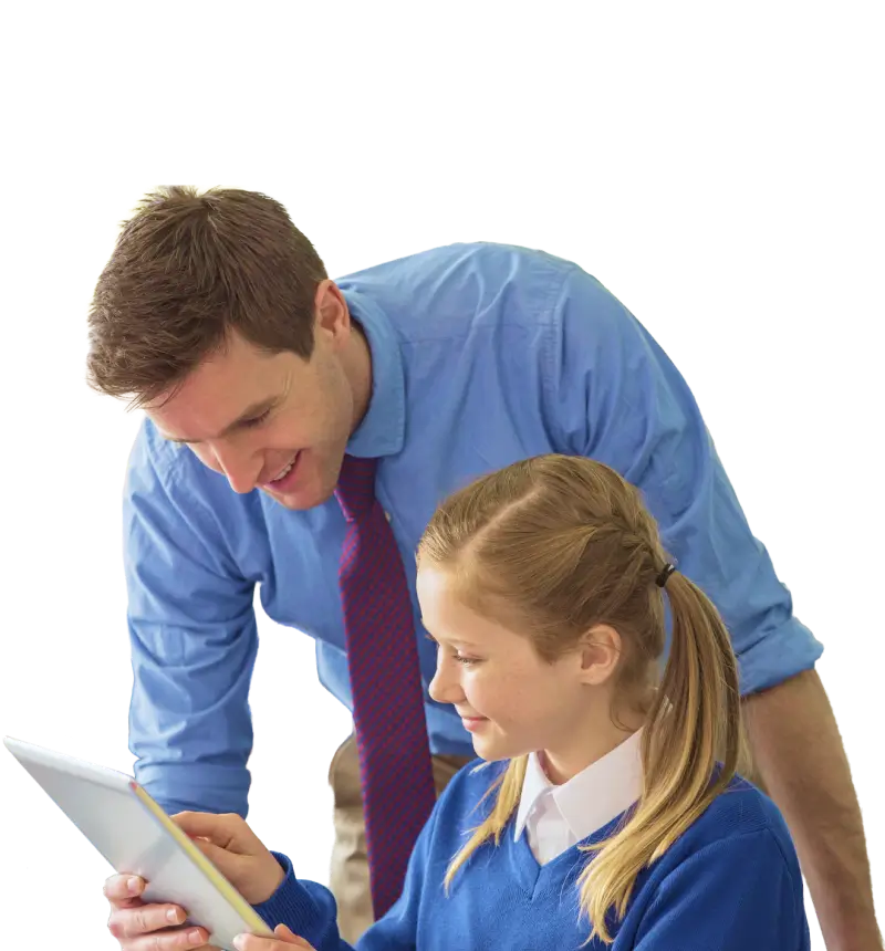 maths teacher guides student using iPad